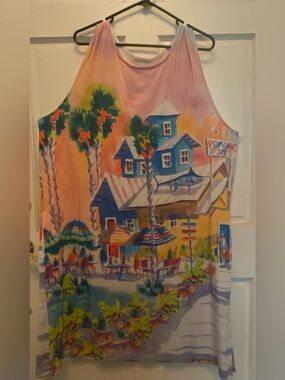 Ellen Negley 3X Midi Tank Dress Coastal Scenic Print Sleeveless Pre-Owned